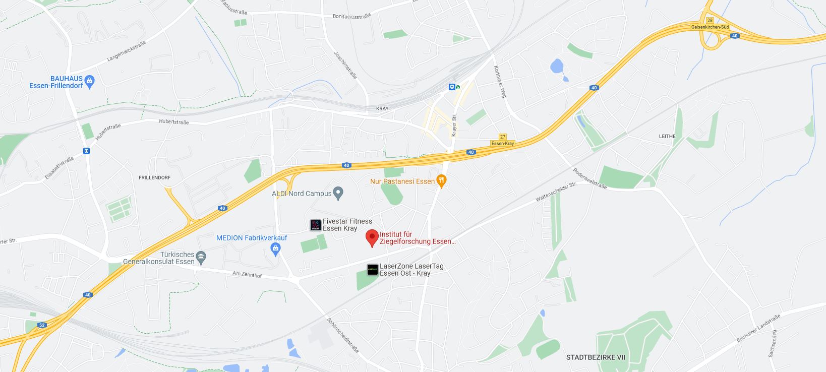 Kartenausschnitt mit markiertem Standort des IZF am Zehnthof 197 in Essen